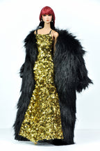 ORDINARY GIRL| Gold Sequin Column Gown with Black Faux-Fur Opera Coat for OOAK 1/6 Doll Clothes