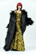 ORDINARY GIRL| Gold Sequin Column Gown with Black Faux-Fur Opera Coat for OOAK 1/6 Doll Clothes