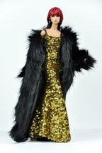 ORDINARY GIRL| Gold Sequin Column Gown with Black Faux-Fur Opera Coat for OOAK 1/6 Doll Clothes
