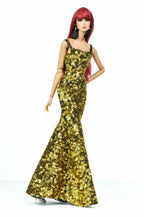 ORDINARY GIRL| Gold Sequin Column Gown with Black Faux-Fur Opera Coat for OOAK 1/6 Doll Clothes
