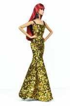 ORDINARY GIRL| Gold Sequin Column Gown with Black Faux-Fur Opera Coat for OOAK 1/6 Doll Clothes