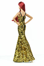 ORDINARY GIRL| Gold Sequin Column Gown with Black Faux-Fur Opera Coat for OOAK 1/6 Doll Clothes