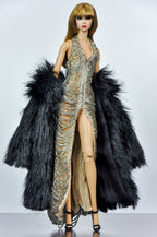 OOAK | Silver Beaded Evening Gown with Black Faux Fur Coat for 1/6 Fashion Dolls | Handmade Couture Outfit | Fits Fashion Royalty, NU Face, Silksto** | Plastiktiara