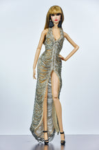 OOAK | Silver Beaded Evening Gown with Black Faux Fur Coat for 1/6 Fashion Dolls | Handmade Couture Outfit | Fits Fashion Royalty, NU Face, Silksto** | Plastiktiara