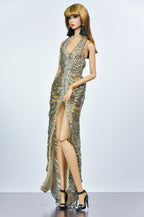 OOAK | Silver Beaded Evening Gown with Black Faux Fur Coat for 1/6 Fashion Dolls | Handmade Couture Outfit | Fits Fashion Royalty, NU Face, Silksto** | Plastiktiara