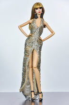 OOAK | Silver Beaded Evening Gown with Black Faux Fur Coat for 1/6 Fashion Dolls | Handmade Couture Outfit | Fits Fashion Royalty, NU Face, Silksto** | Plastiktiara