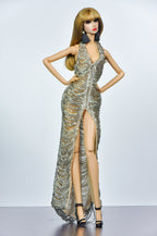 OOAK | Silver Beaded Evening Gown with Black Faux Fur Coat for 1/6 Fashion Dolls | Handmade Couture Outfit | Fits Fashion Royalty, NU Face, Silksto** | Plastiktiara
