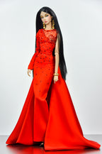 OOAK. | Scarlet Bloom Couture Gown – 1/6 High Fashion doll clothes | Dramatic One-Shoulder Red Evening Dress