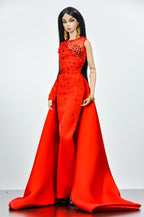 OOAK. | Scarlet Bloom Couture Gown – 1/6 High Fashion doll clothes | Dramatic One-Shoulder Red Evening Dress