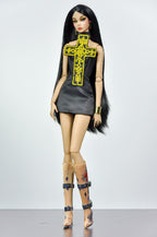 BASIC | A 1/6 Scale Gothic Cross Mini Dress for Fashion Dolls – Handmade Black Couture Dress with Embroidered Gold Cross – Fits Integrity Style Dolls | Plastiktiara