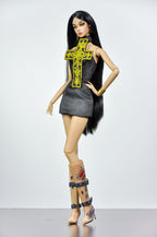 BASIC | A 1/6 Scale Gothic Cross Mini Dress for Fashion Dolls – Handmade Black Couture Dress with Embroidered Gold Cross – Fits Integrity Style Dolls | Plastiktiara