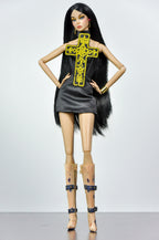 BASIC | A 1/6 Scale Gothic Cross Mini Dress for Fashion Dolls – Handmade Black Couture Dress with Embroidered Gold Cross – Fits Integrity Style Dolls | Plastiktiara