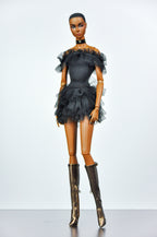 BASIC | Black Ruffle Tulle Mini Dress with Metallic Knee Boots for 1/6 Scale Fashion Dolls | Plastiktiara