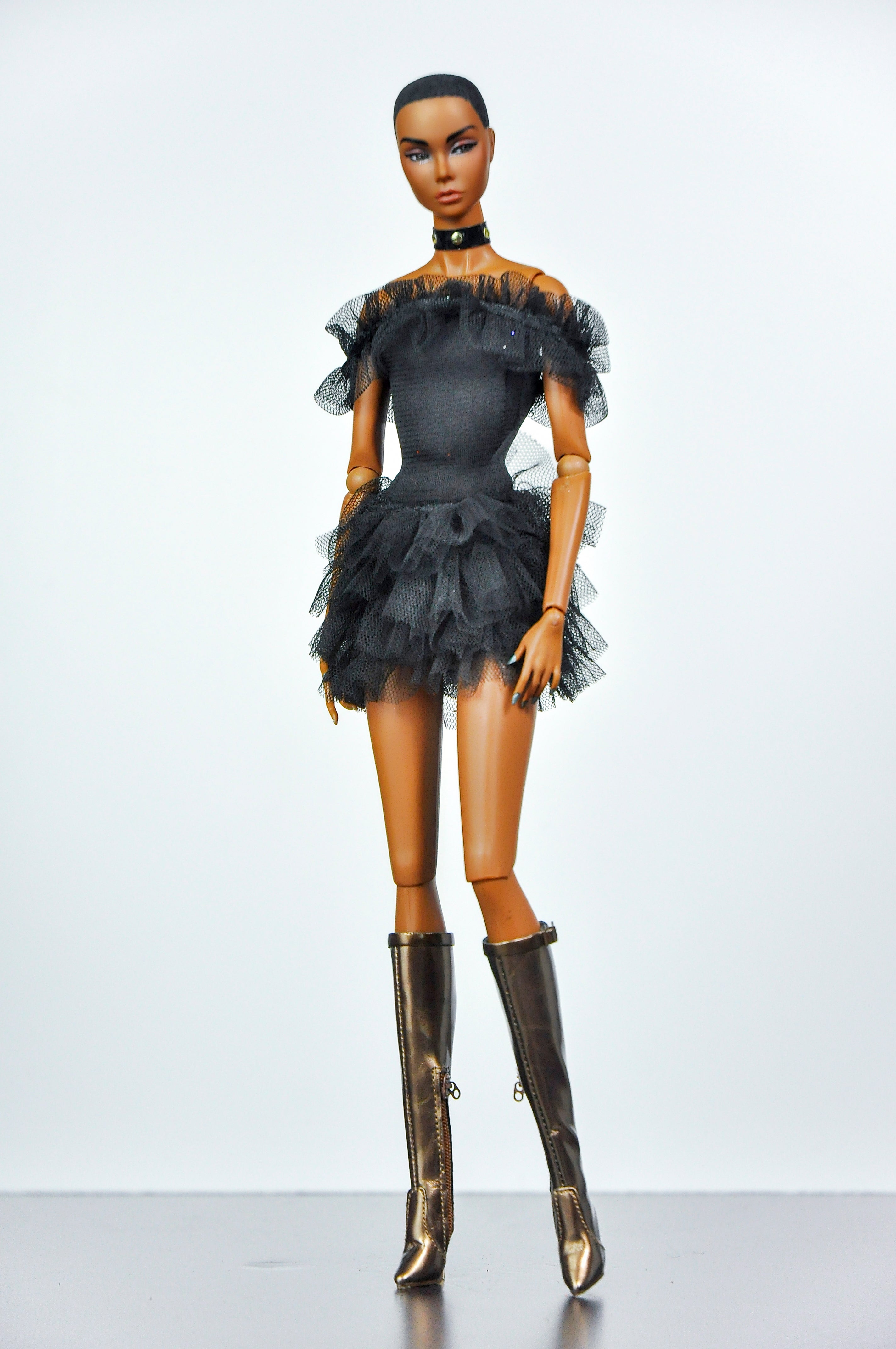 BASIC | Black Ruffle Tulle Mini Dress with Metallic Knee Boots for 1/6 Scale Fashion Dolls | Plastiktiara