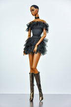 BASIC | Black Ruffle Tulle Mini Dress with Metallic Knee Boots for 1/6 Scale Fashion Dolls | Plastiktiara