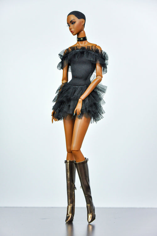 BASIC | Black Ruffle Tulle Mini Dress with Metallic Knee Boots for 1/6 Scale Fashion Dolls | Plastiktiara