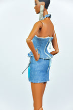 BASIC | A Lace-Up Denim Halter Crop Top & Mini Skirt Set for 1/6 Scale Fashion Dolls | Handmade Couture | Plastiktiara