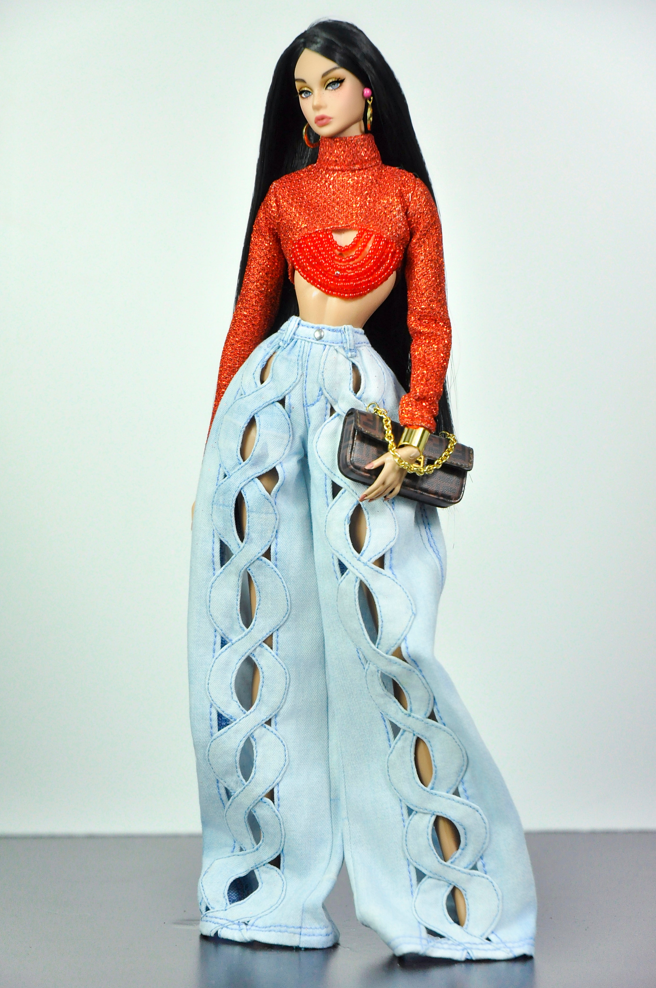 DENIM DIVA | Infinity Cut-Out Denim Jeans & Beaded Glitter Crop Top Set for 1/6 Fashion Dolls Handmade Couture Outfit | Plastiktiara
