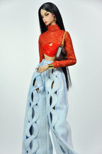 DENIM DIVA | Infinity Cut-Out Denim Jeans & Beaded Glitter Crop Top Set for 1/6 Fashion Dolls Handmade Couture Outfit | Plastiktiara