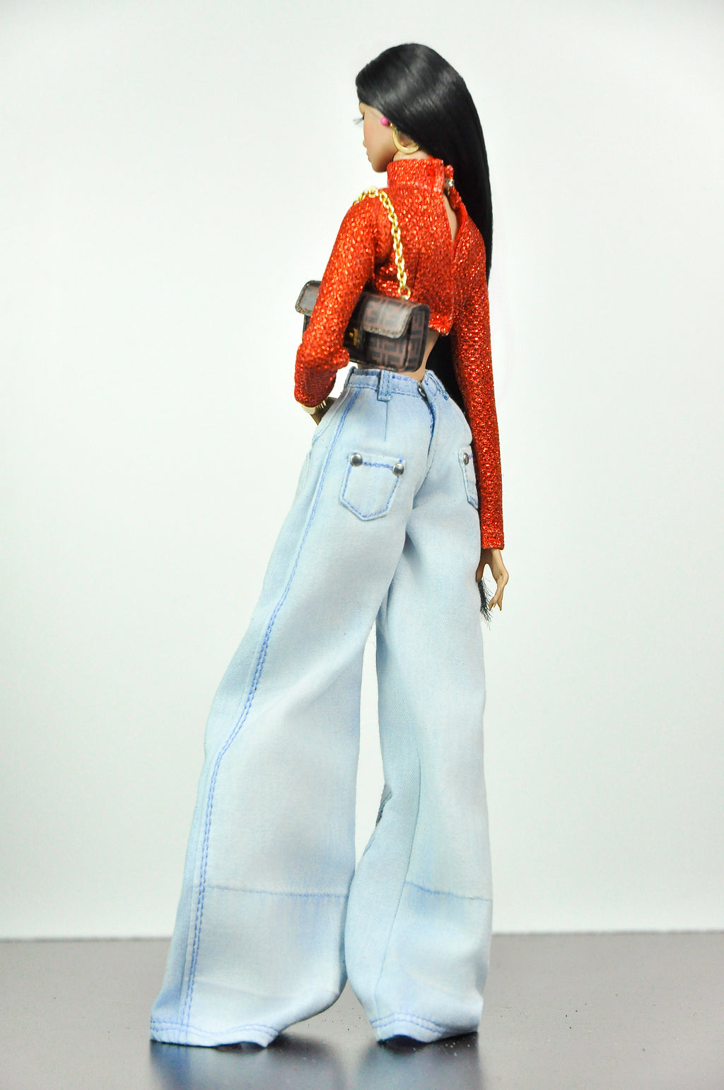 DENIM DIVA | Infinity Cut-Out Denim Jeans & Beaded Glitter Crop Top Set for 1/6 Fashion Dolls Handmade Couture Outfit | Plastiktiara