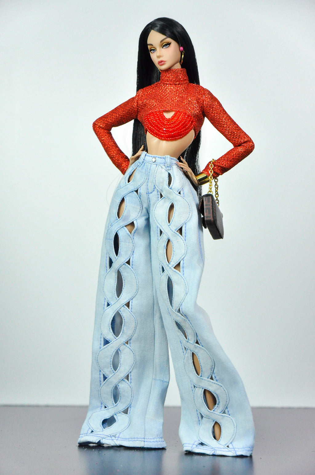 DENIM DIVA | Infinity Cut-Out Denim Jeans & Beaded Glitter Crop Top Set for 1/6 Fashion Dolls Handmade Couture Outfit | Plastiktiara