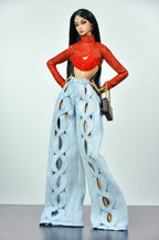 DENIM DIVA | Infinity Cut-Out Denim Jeans & Beaded Glitter Crop Top Set for 1/6 Fashion Dolls Handmade Couture Outfit | Plastiktiara