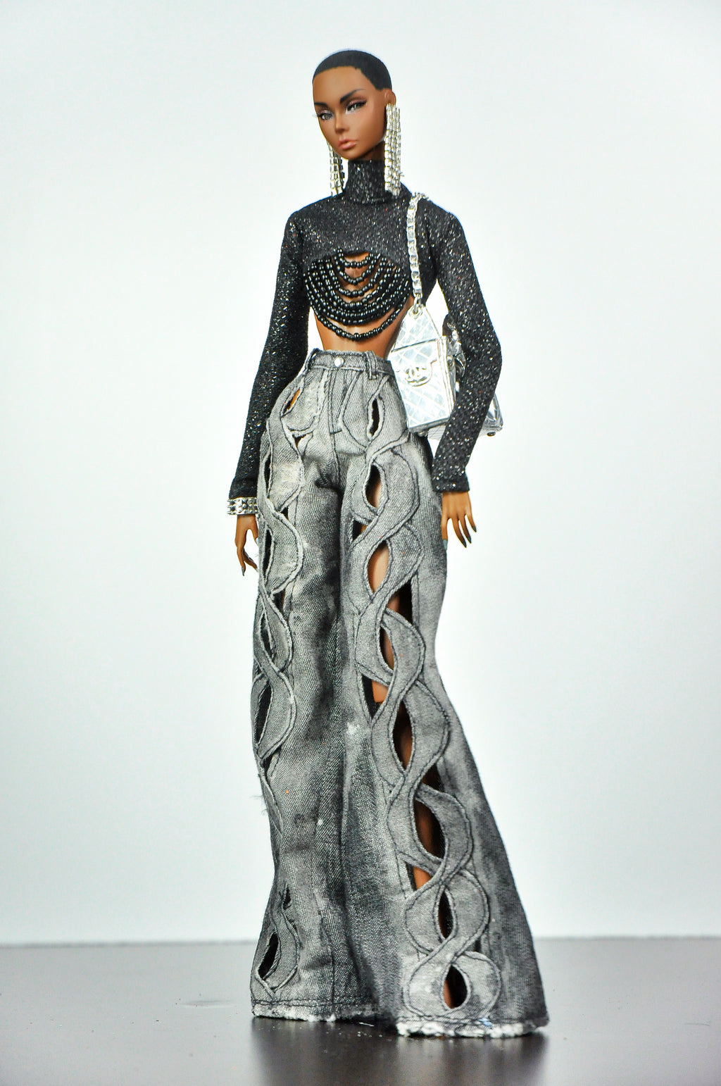 DENIM DIVA | Infinity Cut-Out Wide Leg Denim Jeans & Beaded Glitter Crop Top Set for 1/6 Scale Fashion Dolls | Plastiktiara