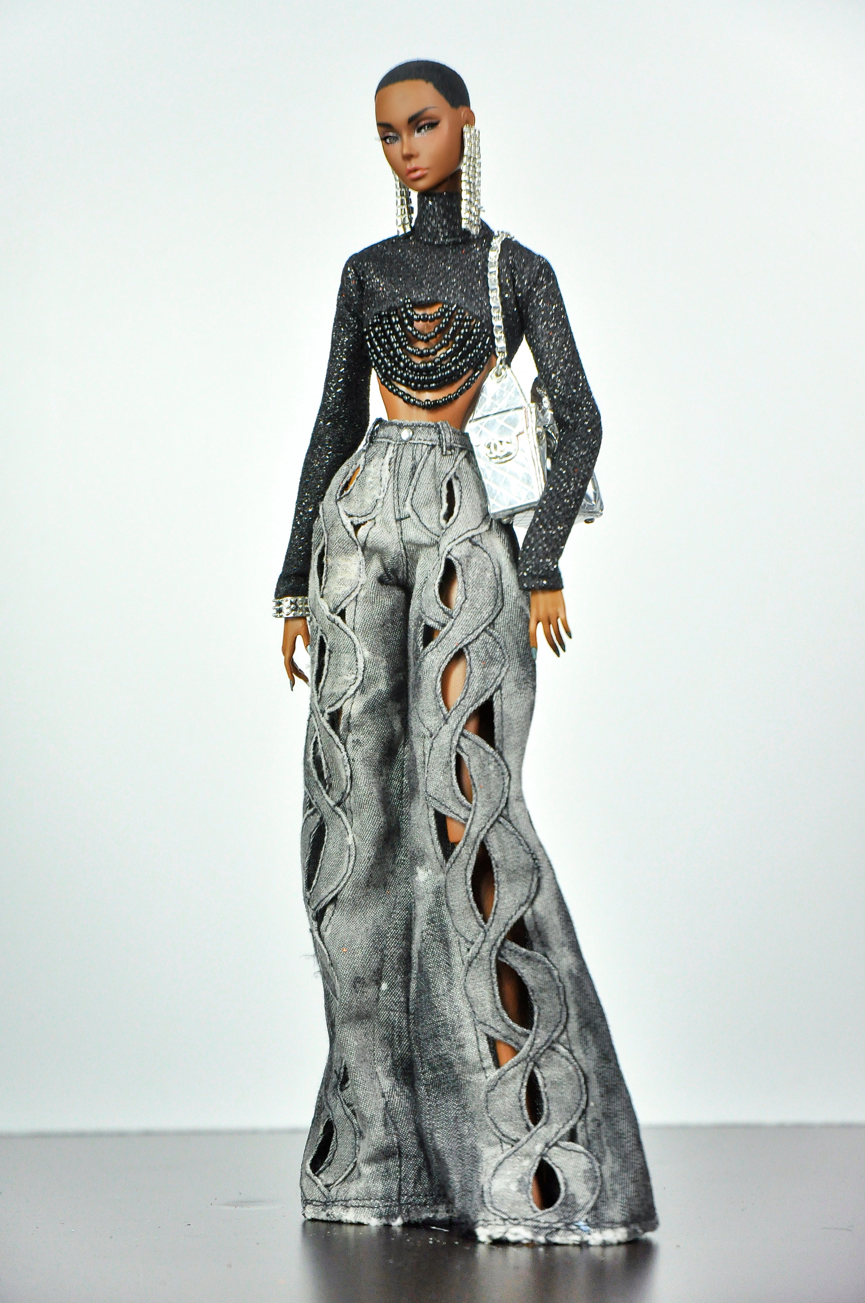 DENIM DIVA | Infinity Cut-Out Wide Leg Denim Jeans & Beaded Glitter Crop Top Set for 1/6 Scale Fashion Dolls | Plastiktiara