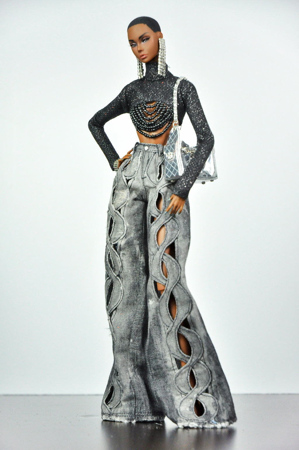 DENIM DIVA | Infinity Cut-Out Wide Leg Denim Jeans & Beaded Glitter Crop Top Set for 1/6 Scale Fashion Dolls | Plastiktiara