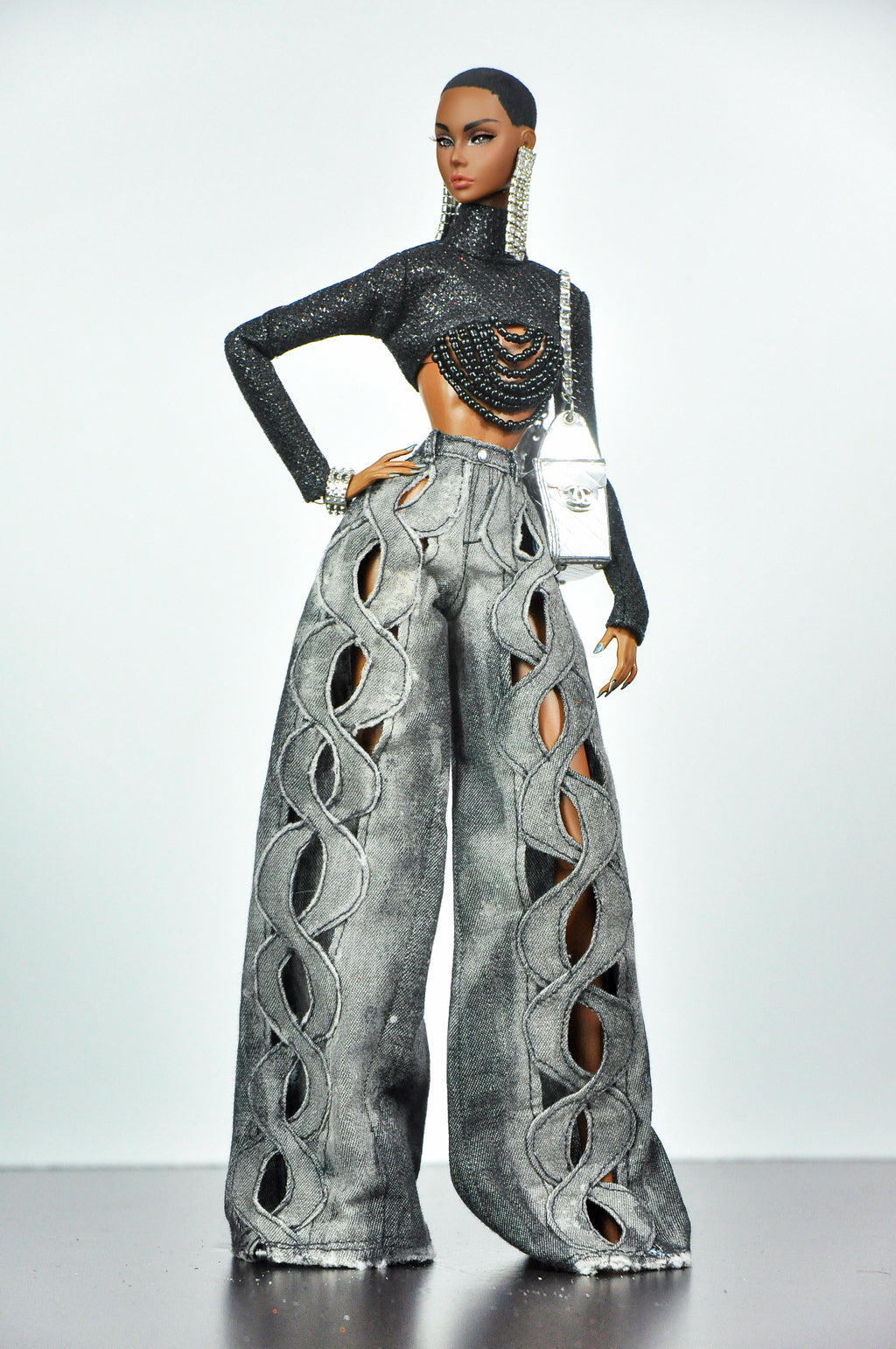 DENIM DIVA | Infinity Cut-Out Wide Leg Denim Jeans & Beaded Glitter Crop Top Set for 1/6 Scale Fashion Dolls | Plastiktiara