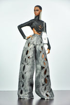DENIM DIVA | Infinity Cut-Out Wide Leg Denim Jeans & Beaded Glitter Crop Top Set for 1/6 Scale Fashion Dolls | Plastiktiara