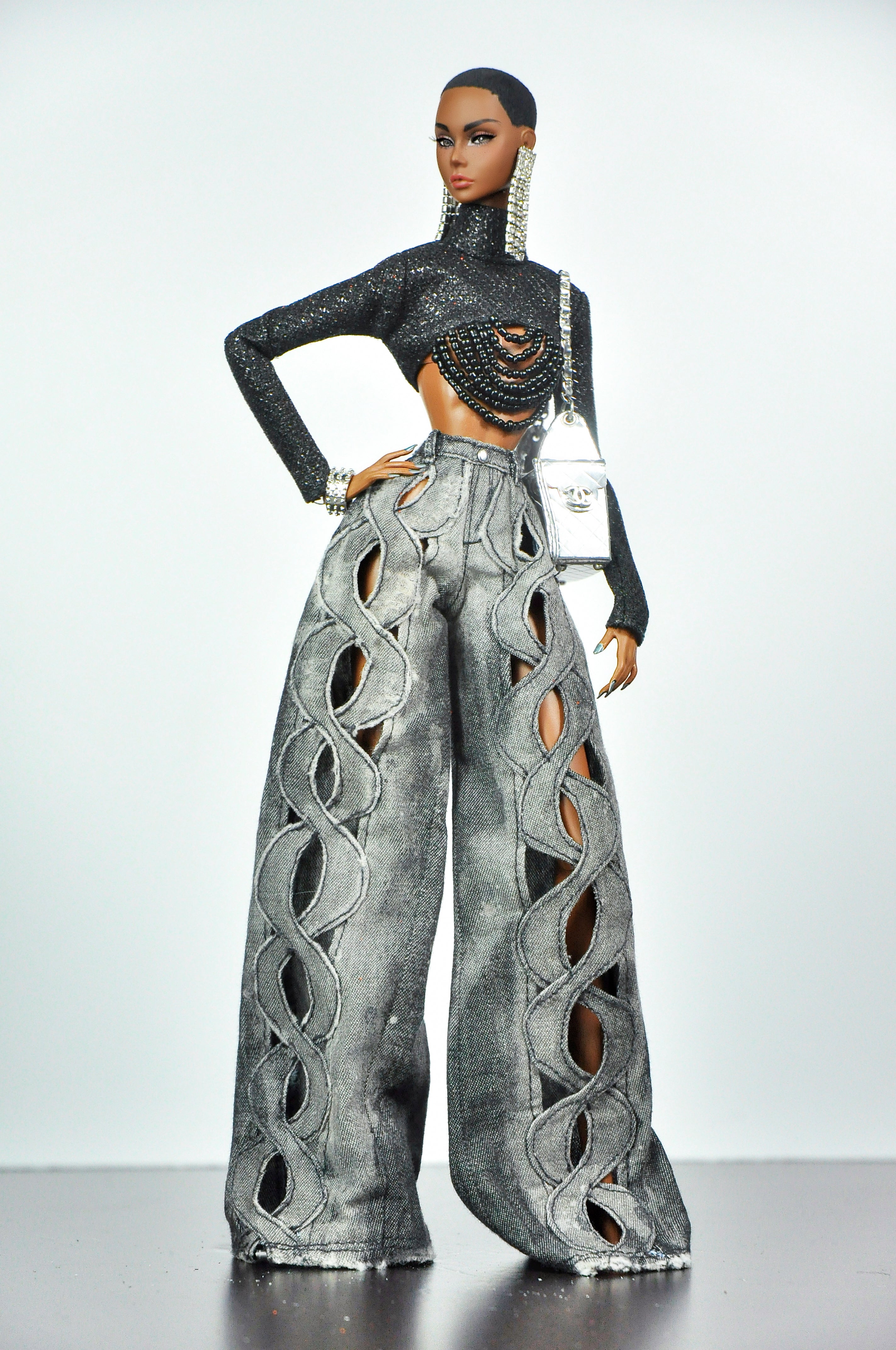 DENIM DIVA | Infinity Cut-Out Wide Leg Denim Jeans & Beaded Glitter Crop Top Set for 1/6 Scale Fashion Dolls | Plastiktiara