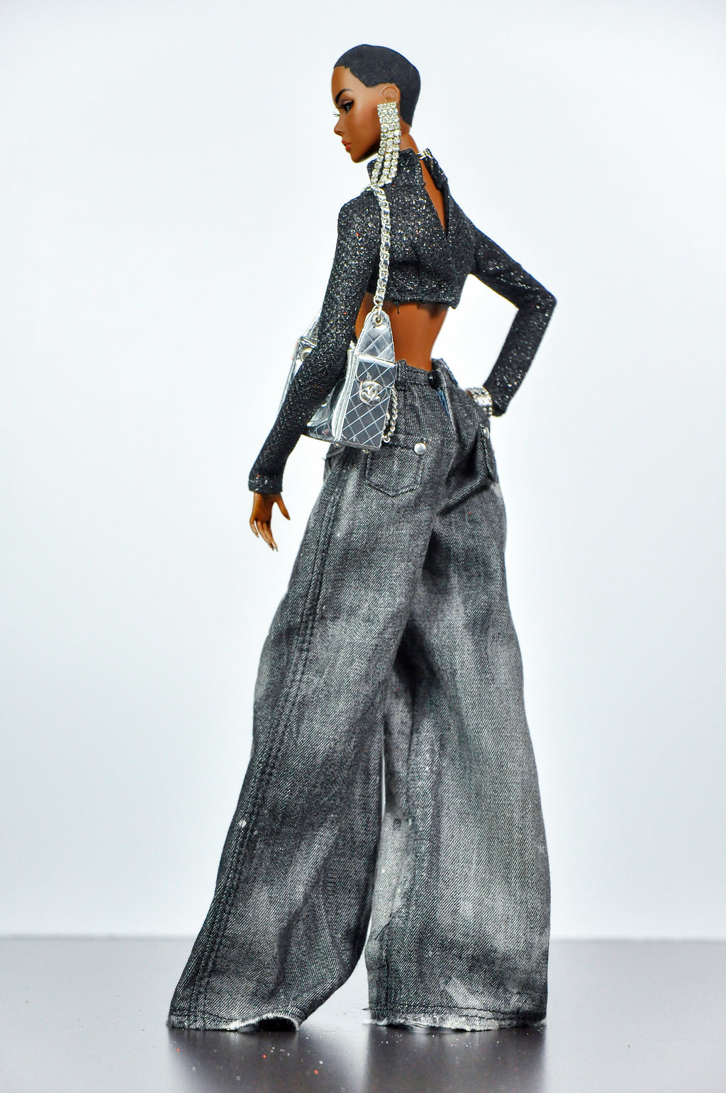 DENIM DIVA | Infinity Cut-Out Wide Leg Denim Jeans & Beaded Glitter Crop Top Set for 1/6 Scale Fashion Dolls | Plastiktiara