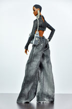 DENIM DIVA | Infinity Cut-Out Wide Leg Denim Jeans & Beaded Glitter Crop Top Set for 1/6 Scale Fashion Dolls | Plastiktiara