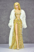 AURA COLLECTION | Golden Radiance High-Slit Gown with Fur Wrap for 1/6 Fashion doll clothes