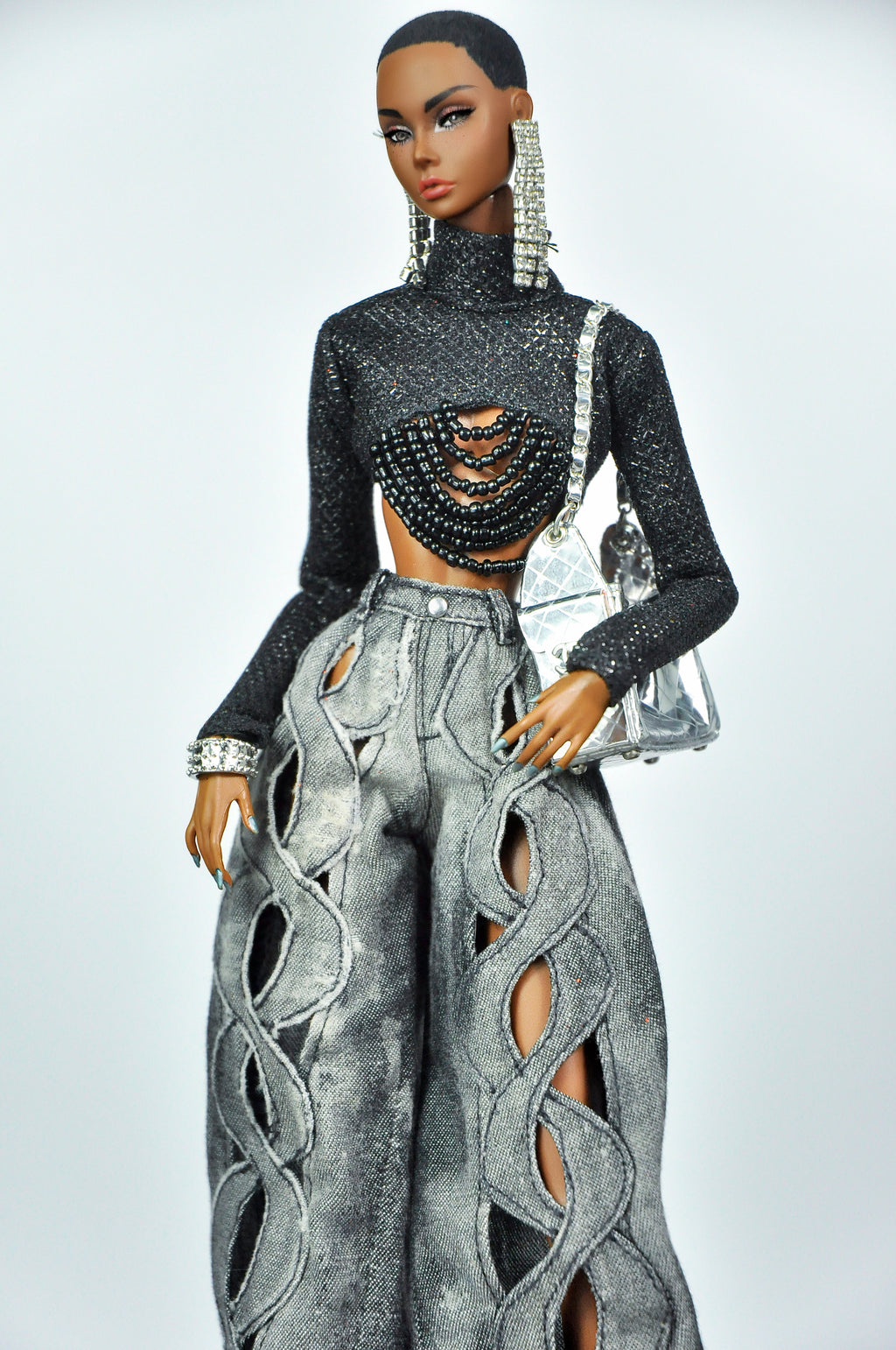 DENIM DIVA | Infinity Cut-Out Wide Leg Denim Jeans & Beaded Glitter Crop Top Set for 1/6 Scale Fashion Dolls | Plastiktiara