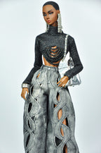 DENIM DIVA | Infinity Cut-Out Wide Leg Denim Jeans & Beaded Glitter Crop Top Set for 1/6 Scale Fashion Dolls | Plastiktiara