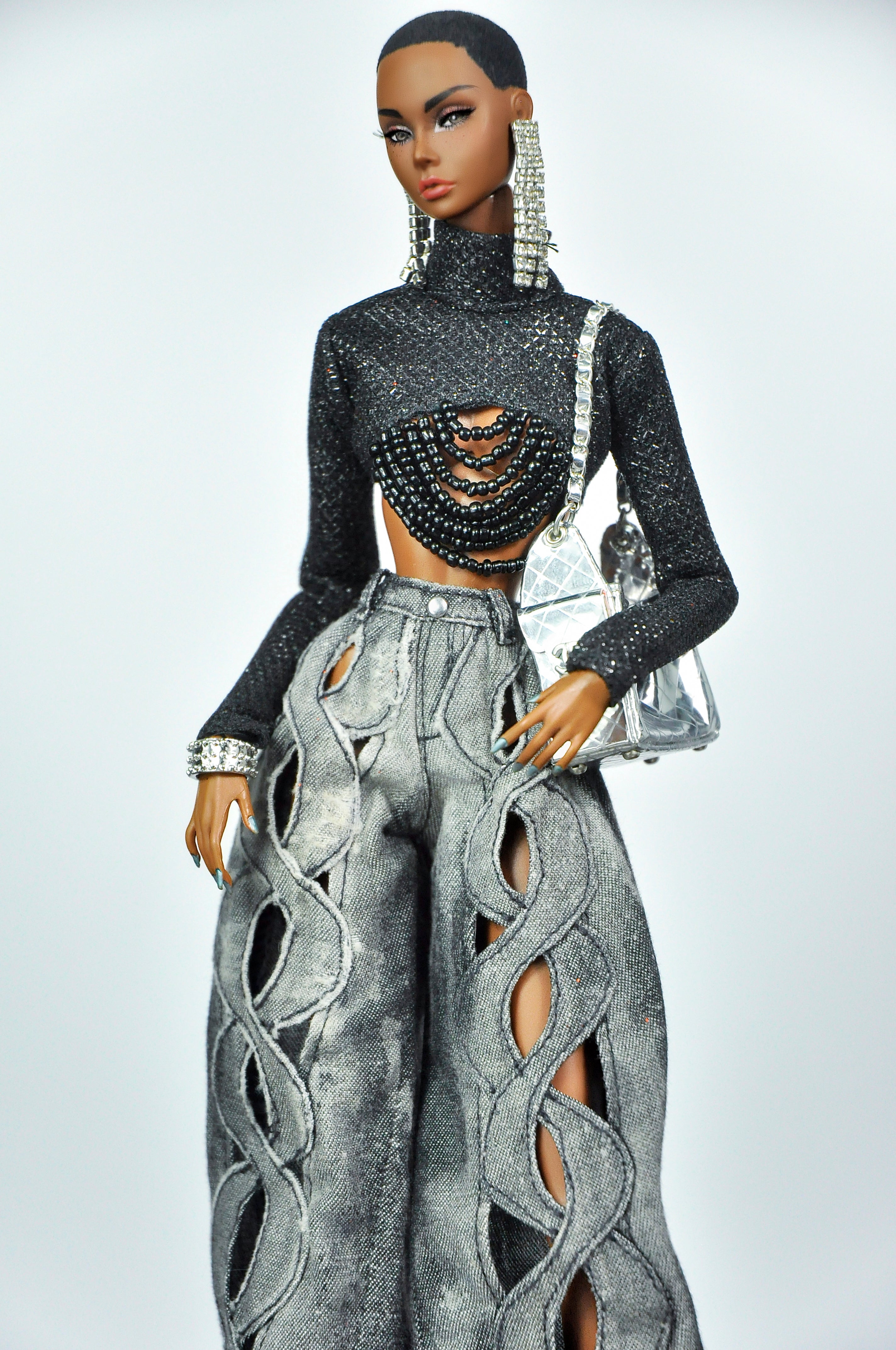 DENIM DIVA | Infinity Cut-Out Wide Leg Denim Jeans & Beaded Glitter Crop Top Set for 1/6 Scale Fashion Dolls | Plastiktiara