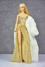 AURA COLLECTION | Golden Radiance High-Slit Gown with Fur Wrap for 1/6 Fashion doll clothes