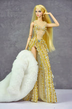 AURA COLLECTION | Golden Radiance High-Slit Gown with Fur Wrap for 1/6 Fashion doll clothes
