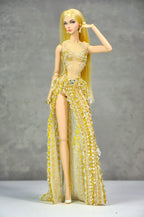 AURA COLLECTION | Golden Radiance High-Slit Gown with Fur Wrap for 1/6 Fashion doll clothes
