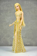 AURA COLLECTION | Golden Radiance High-Slit Gown with Fur Wrap for 1/6 Fashion doll clothes