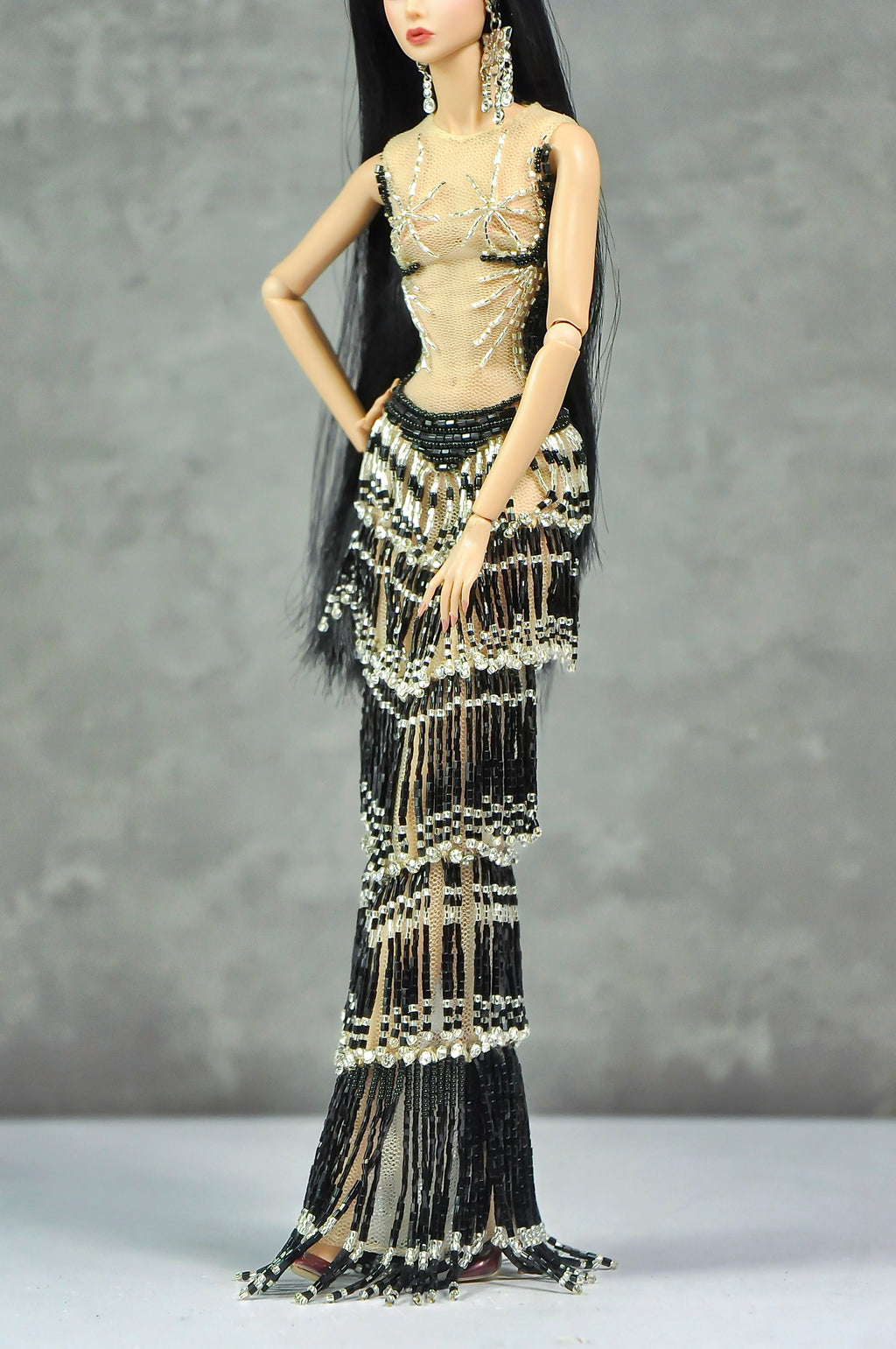AURA COLLECTION | Noir Eclipse Beaded Gown with Feather Stole for 1/6 Fashion doll clothes