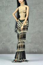 AURA COLLECTION | Noir Eclipse Beaded Gown with Feather Stole for 1/6 Fashion doll clothes