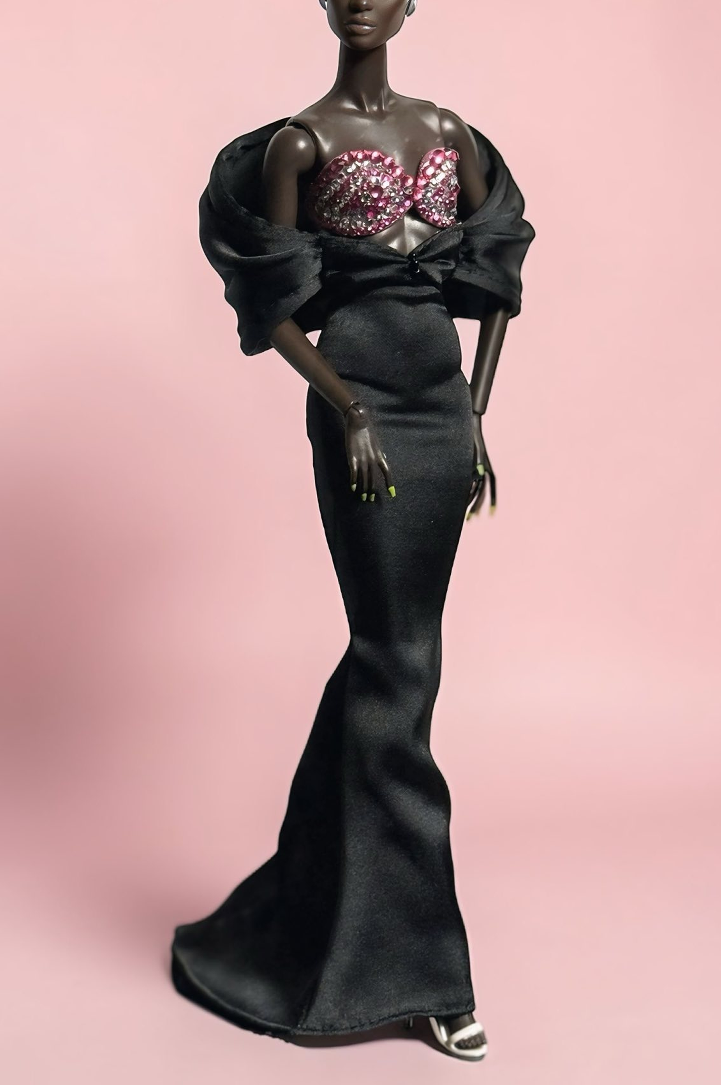 HAUTE | Black Satin Siren Gown with Crystal Pink Bustier – OOAK 1/6 Doll Clothes