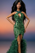 HAUTE | Emerald Siren Gown – Couture Beaded Evening Dress for 1/6 Fashion Doll | Plastiktiara Doll Clothes