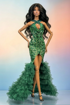 HAUTE | Emerald Siren Gown – Couture Beaded Evening Dress for 1/6 Fashion Doll | Plastiktiara Doll Clothes
