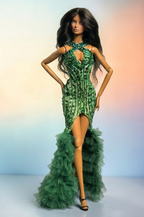 HAUTE | Emerald Siren Gown – Couture Beaded Evening Dress for 1/6 Fashion Doll | Plastiktiara Doll Clothes