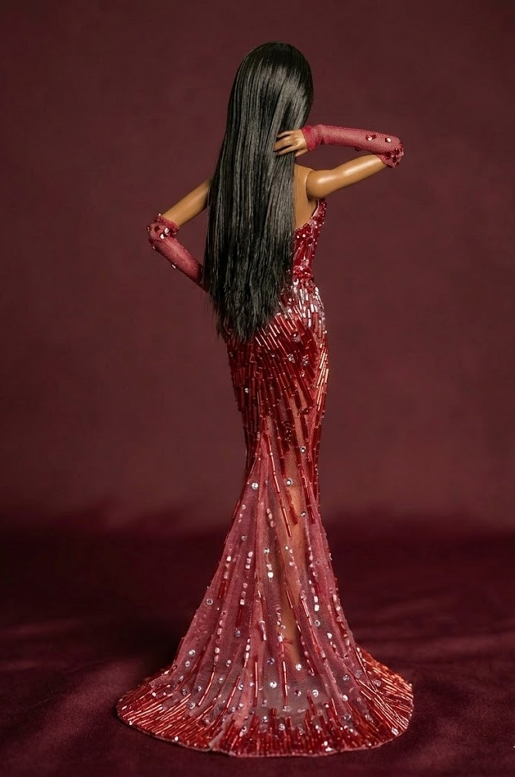 HAUTE | Couture Crimson Siren Gown — Luxury Beaded Evening Dress for OOAK 1/6 doll clothes Scale Doll Clothes