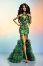 HAUTE | Emerald Siren Gown – Couture Beaded Evening Dress for 1/6 Fashion Doll | Plastiktiara Doll Clothes
